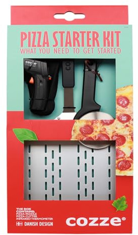 cozze® Set de regalo con pala para pizza, termómetro y cortador de pizza, juego de 3 piezas para los amantes de la pizza