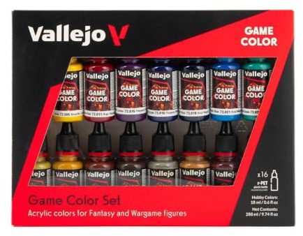Vallejo Game Color Set de Peinture Acrylique Avancée - Kit de 16 Couleurs Mate et Métalliques en Flacons de 18 Ml avec Pipette - Étui pour Figurines de Fantaisie et Wargame