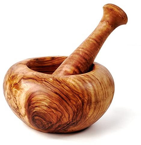 Mortier et Pilon en Bois, Bois D 'ol Ivier, Rond Bord - Nuances De Brun, ca. 16cm Durchmesser