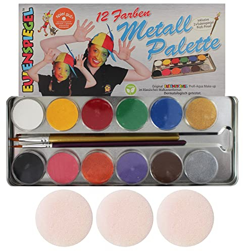 Eulenspiegel 212004 - Profi-Aqua Schminke, 12 Farben, 2 Profi-Pinsel, Metall-Palette