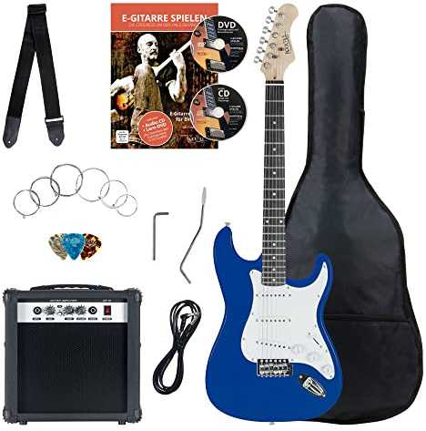 Rocktile Banger's Pack Komplettset E-Gitarre Blau (Verstärker, Tremolo, Tasche, Kabel, Gurt, Plecs, Ersatzsaiten und Schule mit CD/DVD)