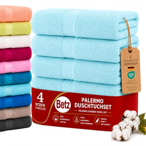 Betz 4 Stück Duschtücher Set Palermo Größe 70x140 cm 100% Baumwolle Badetuch Duschhandtuch Sporthandtuch Farbe türkis