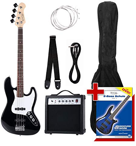 Rocktile Groover's Pack JB E-Bass Set Completo Negro (Amplificador, Funda, Cable, Correa, Cuerdas de Repuesto y Escuela con DVD)