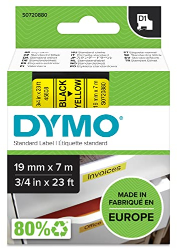 DYMO Authentic D1 Labels | Black Print on Yellow Tape | 19 mm x 7 m | Self-Adhesive Labels for LabelManager Label Makers | Made in Europe