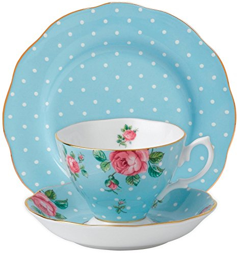 Royal Albert - Set di 3 tazze New Country Roses Teacup, Saucer and Plate, colore: Blu polka
