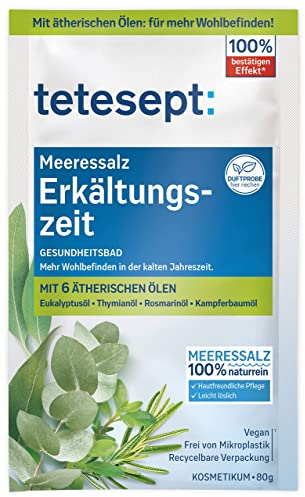 tetesept Meeressalz Erkältungszeit Bad – 10 x 80 g – Gesundheitsbad für die kalte Jahreszeit mit 6 ätherischen Ölen – Wohltuender Badezusatz mit natürlichem Meeressalz