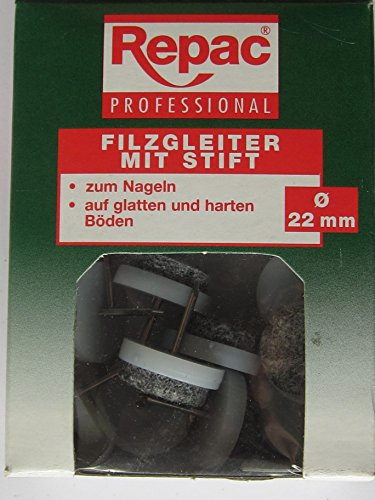 Repac Filzgleiter mit Stift zum Nageln, Stuhlgleiter, ø 22 mm, Kunststoff weiß/Filz grau, 12 Stück, 780706