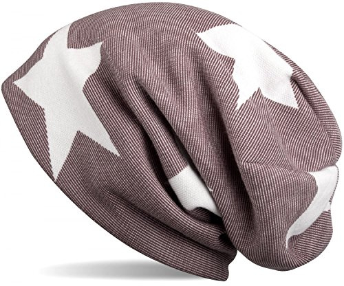 styleBREAKER Klassische Feinstrick Beanie Mütze mit Stern und Streifen Muster, Unisex 04024054, Farbe:Braun