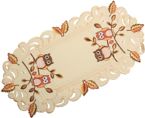 HanaQi Eulen Tischdeckchen Tischläufer Decke Kissenhülle Leinen-Optik Creme Beige Herbst Blatt Stickerei