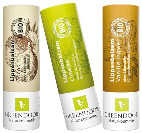 GREENDOOR Lippenpflege-Set EXOTIC, Vanille, Limette, Cocos - 3 verführerische pflegende natürliche plastikfreie Lippenbalsame, Naturkosmetik Lippen-Pflegestifte, Sparpreis, natural feeling