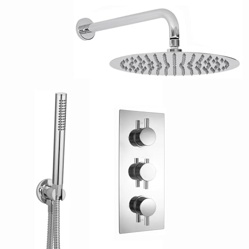 ENKI SH0069 Naples Thermostatic Concealed 2 Outlet Shower System, Chrome | Solid Brass, 10-Year Guarantee, Anti-Limescale Nozzles, Swivel Spout, Stainless Steel, Rainfall Shower Head, Handset & Hose
