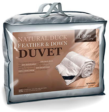 Littens Luxury Duck Feather and Down Duvet Quilt, 13.5 Tog Double Bed Size, 15% Down, 230TC 100% Down-Proof Cotton Casing (200cm x 200cm)