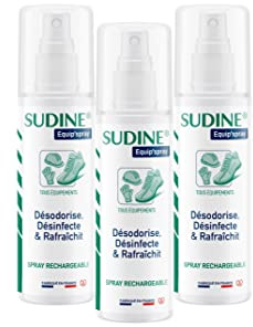 SORIFA - Lot de 3 - Sudine Equip’spray - Désodorise, désinfecte, rafraichit - Chaussures, casques, gants, équipements - Spray rechargeable – Sans gaz - Fabriqué en France - Spray 125 ml