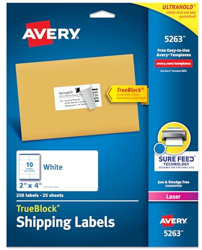 Avery Printable Shipping Labels with Sure Feed, 2 x 4 Customizable Stickers, White, 250 Blank Mailing Labels, Great for Mailing, Shipping, and More (5263)
