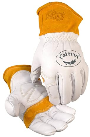 Caiman Premium Goat Grain TIG/MIG Welding Gloves with Wool Insulated Back, Scalloped Cuff, Boarhide Palm, Unlined, Reinforced Thumb, Kevlar, Kontour Design, White/Gold, Large (1871-5)
