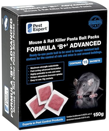 Pest Expert Formula 'B+' Advanced Rat & Mouse Poisoning Indoor, Mouse Poison Rodent Pasta Paste Bait 150g (15 sachets) Super Strength Single Feed Brodifacoum