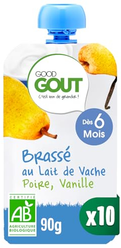 GOOD GOÛT - Brassé Au Lait De Vache - Dessert Bébé - Dès 6 Mois - Poire, Vanille - Sans Sucres Ajoutés* - Format Nomade - 10x90g (L'emballage Peut Varier)