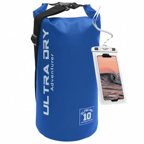 Premium Wasserdichte Tasche, Sack mit Handy-Trockentasche und langem, verstellbarem Schultergurt, ideal für Kajakfahren/ Bootfahren/ Kanufahren / Angeln / Rafting / Schwimmen / Camping (Blau, 10 Liter)