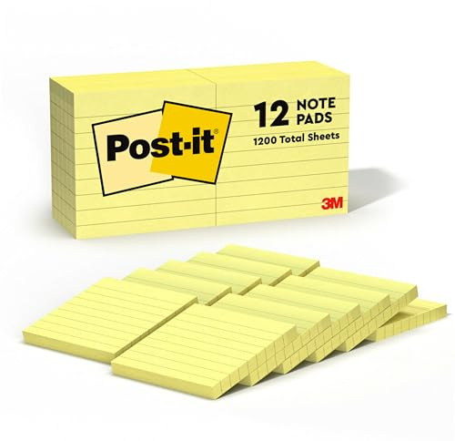 Post-it Notes, 3 in x 3 in, 12 Lined Sticky Notes Pads, 100 Sheets per Pad, The Iconic Canary Yellow Note, New Year Organization or Second Semester School Supplies