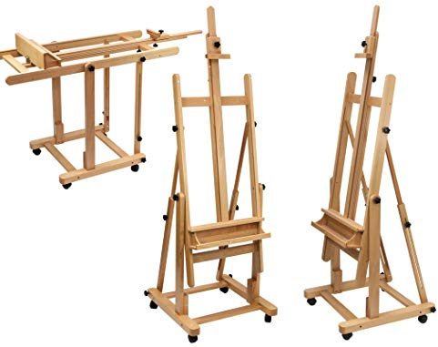 Profi-Staffelei Modell 120 aus massiver Buche FSC®, senkrecht und waagerecht malen, feststellbare Rollen, für Keilrahmen bis 210 cm