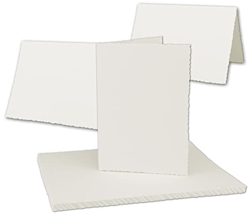 25x Vintage Faltkarten mit Zackenschnitt – Naturweiß – Edel-Bütten – DIN A6 (10 x 15 cm) hochdoppelt – imitierter Büttenrand gestanzt – ideal für Einladungen – by GUSTAV NEUSER