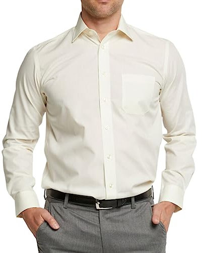 Double TWO Men's Long Sleeve Plain Formal Shirt Non Iron Classic Fit Business Dress Shirt - Cream, 19.5in Collar