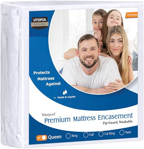 Utopia Bedding Premium Waterproof Bed Bug Mattress Cover, Queen Zippered Mattress Protector, 10 Inches Deep, Dust Mite Proof 6-Sided Mattress Encasement for Bed