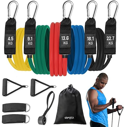 Gymtek 5 Fitnessband - Expander - Resistance Bands Widerstandsbänder Set – Gymnastikband - Großem Griffe – Fußschlaufen – Türanker – Tragebeutel - Fitnesstraining