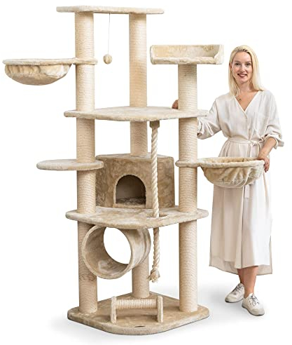 HAPPYPET Kratzbaum für Katzen groß 181 cm hoch - Stabiler Kletterbaum Katzenbaum, Dicke Stämme mit 11 cm, Haus & Spieltunnel, große Liegemulden, Spietau mit Kratzrolle, Creme