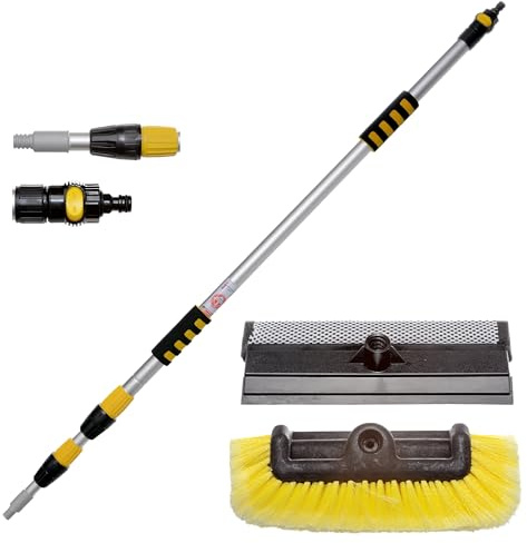 Yachticon Waschbürstenset Nr. 4 – Teleskopstiel 130–300 cm mit Wasserdurchlauf, Waschbürste mit Seitenborsten & Schwamm-Abzieher für Boot, Auto, Wohnmobil & Caravan