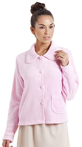 Camille Veste de nuit à boutons en polaire chaude et douce pour femme - Rose - 48