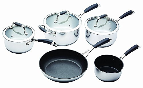 MasterClass Induktionsgeeignetes Kochtopf-Set mit Antihaftbeschichtetem Milchtopf, Bratpfanne und Antihaftbeschichteter Bräter, Spülmaschinenfest, 5 Stück – Edelstahl