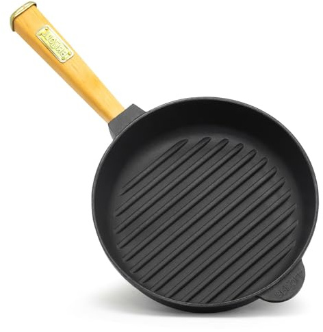 Grillpfanne Gusseisen Steakpfanne Bratpfanne Holzgriff abnehmbar (28 cm)