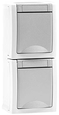 Aufputz Feuchtraum Steckdose 2-fach senkrecht IP54, vorverdrahtet, Modell Pacific, grau