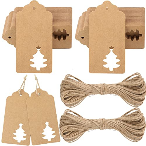 G2PLUS 100pcs Tag Regalo Etichette,Etichette Regalo,targhette Carta kraf, Etichette Artigianali con spago di Iuta Perfetta per Decorare L'Albero di Natale, Lavoro Fatto a Mano(Marrone)