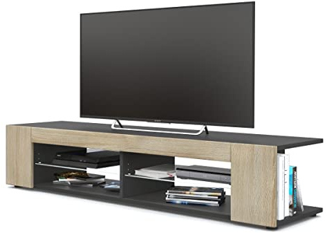 Vladon Movie Lowboard, TV Unit with 4 Open Compartments and Panels, Black matt/Rough-sawn Oak (134 x 29 x 39 cm)