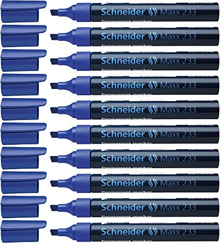 Schneider Maxx 233 Permanent-Marker mit Keilspitze (nachfüllbar, Cap-Off-Ink, Aluminiumschaft, 1 - 5 mm) 10er Packung blau