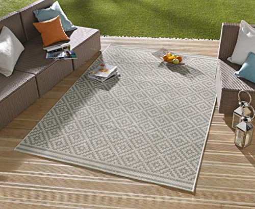 NORTHRUGS In- und Outdoor Teppich Raute 160x230cm - Wetterfest Modern Geometrisches Raute Muster Design Läufer für Balkon Terrasse Garten Wintergarten Wohnzimmerteppich Wasserfest in Grau Creme