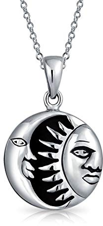 Bling Jewelry Celestial Black Emaille Runden Kreis Medaillon Mondsichel Und Sonne Anhänger Halskette Für Frauen Jugendliche .925 Sterling Silber