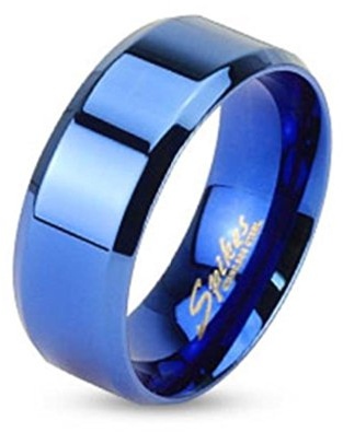 Paula & Fritz® Ring aus Edelstahl Chirurgenstahl 316L blau beschichtet 8mm breit Flaches Band abgeschrägter Rand 60 (19) R084-8-09