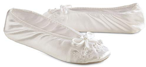 isotoner Chaussons ballerines en satin avec perle brodée pour femme, blanc, 38/39 EU