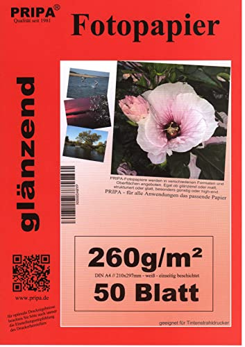 pripa 50 Blatt Fotopapier DIN A4, 260g /qm, high -glossy hoch-glaenzend -sofort trocken -wasserfest-hochweiß-sehr hohe Farbbrillianz, fuer InkJet Drucker Tintenstrahldrucker