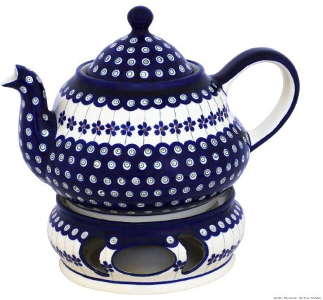 Original bunzlauer keramik tekanna 1,5 liter med inbyggd sil och toffel i dekor 166 a