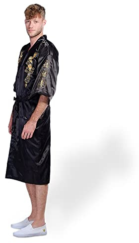 Secret Collection Mens Silk Bath Robe Kimono Dragon Embroidery Large Black