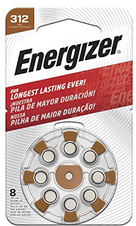 Energizer Size 312 EZ Turn and Lock Hearing Aid Battery, Brown, 8-Pack