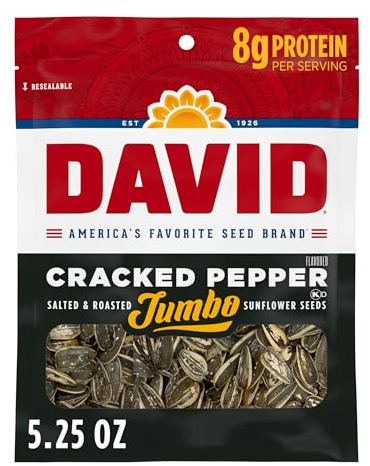 DAVID Roasted and Salted Cracked Pepper Jumbo Sunflower Seeds, Keto Friendly, 5.25 oz, 12 Pack
