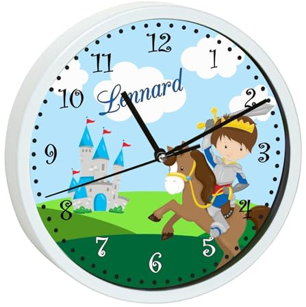 CreaDesign, Wanduhr Kinder personalisiert mit Name, Motiv Ritter, Rahmen Wanduhr weiß, Ø 19,5 cm