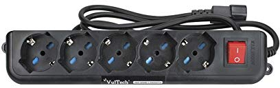 VulTech MU-UPS01 Multipresa Bipasso per UPS IEC14 con 5 Prese Bipasso/Schuko 10/16A, Tasto On/Off, Ignifuga, Cavo da 1,5 m, 2500W, Nero
