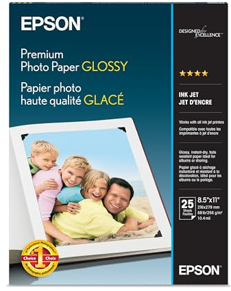 Epson Premium Photo Paper Glossy (8.5x11 Inches, 25 Sheets) (S042183),White