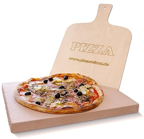 PIZZASTEIN - BROTBACKSTEIN Set, extra dicker lebensmittelechter Schamottestein eckig 40 x 30 x 3 cm mit Pizzaschaufel - für Backofen und Grill - Pizza und Brot wie aus dem Steinbackofen